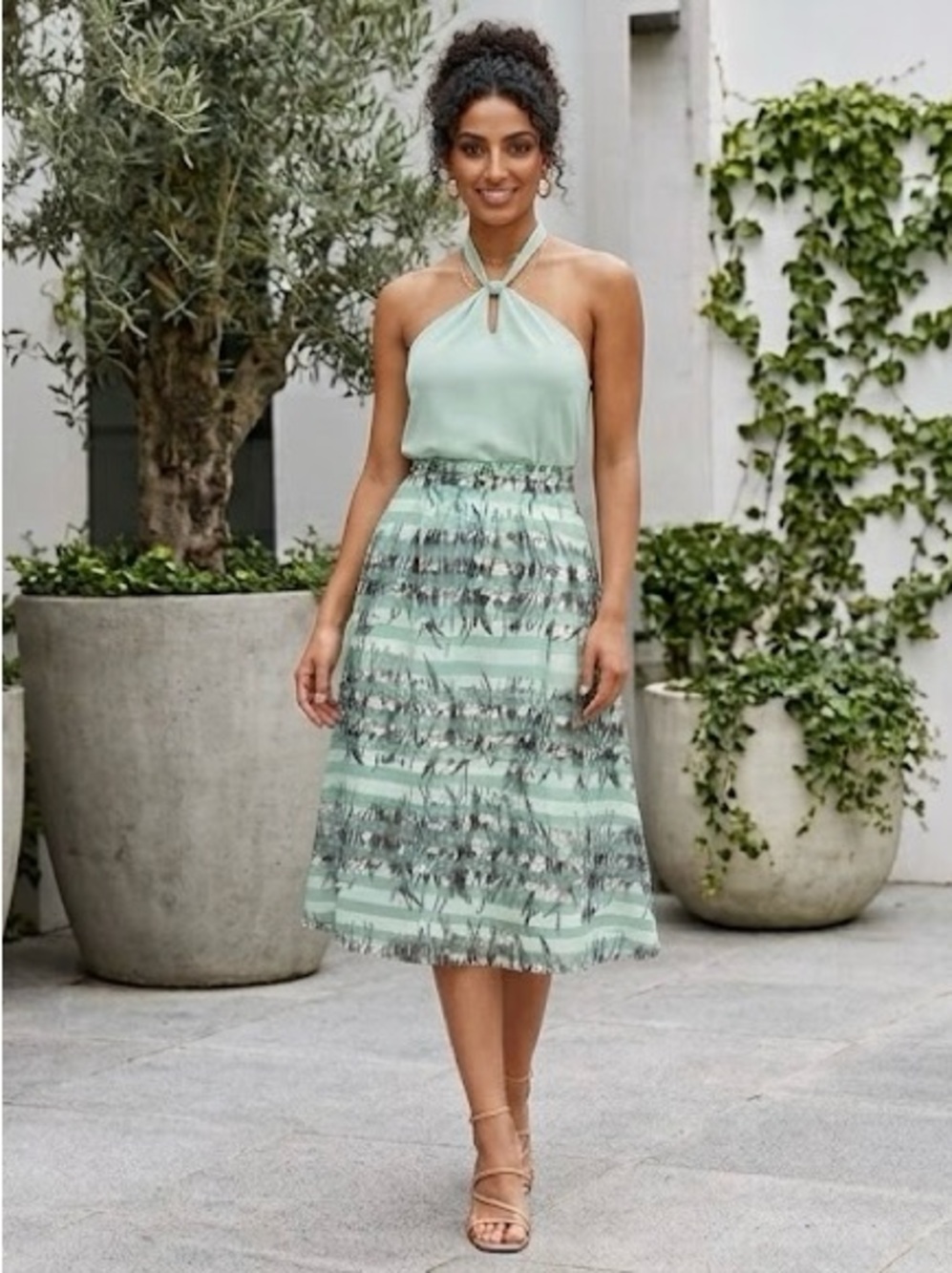 Maeve for Anthropologie Aqua Floral and Stripes Midi Boho Preppy Bloom Sz S
